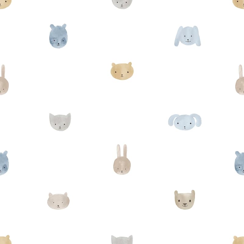 Galerie Wallcoverings Little Explorers 2 Animal Happy Heads Non-woven Matte Wallpaper Roll - 33 feet x 21 inches - Blue