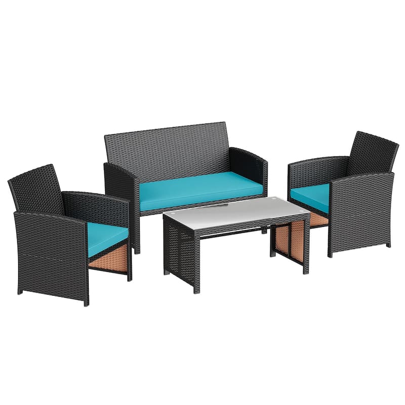 EROMMY 4-Piece Patio Furniture Set with Cushions, Wicker Sofa and Glass Coffee Table, All-Weather PE Rattan Conversation Set.