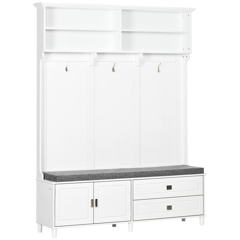Modern Rack Decorative Coat Rack with Entry Bench Storage Rack Cabinets and Drawers, for Entry and Hallway - White