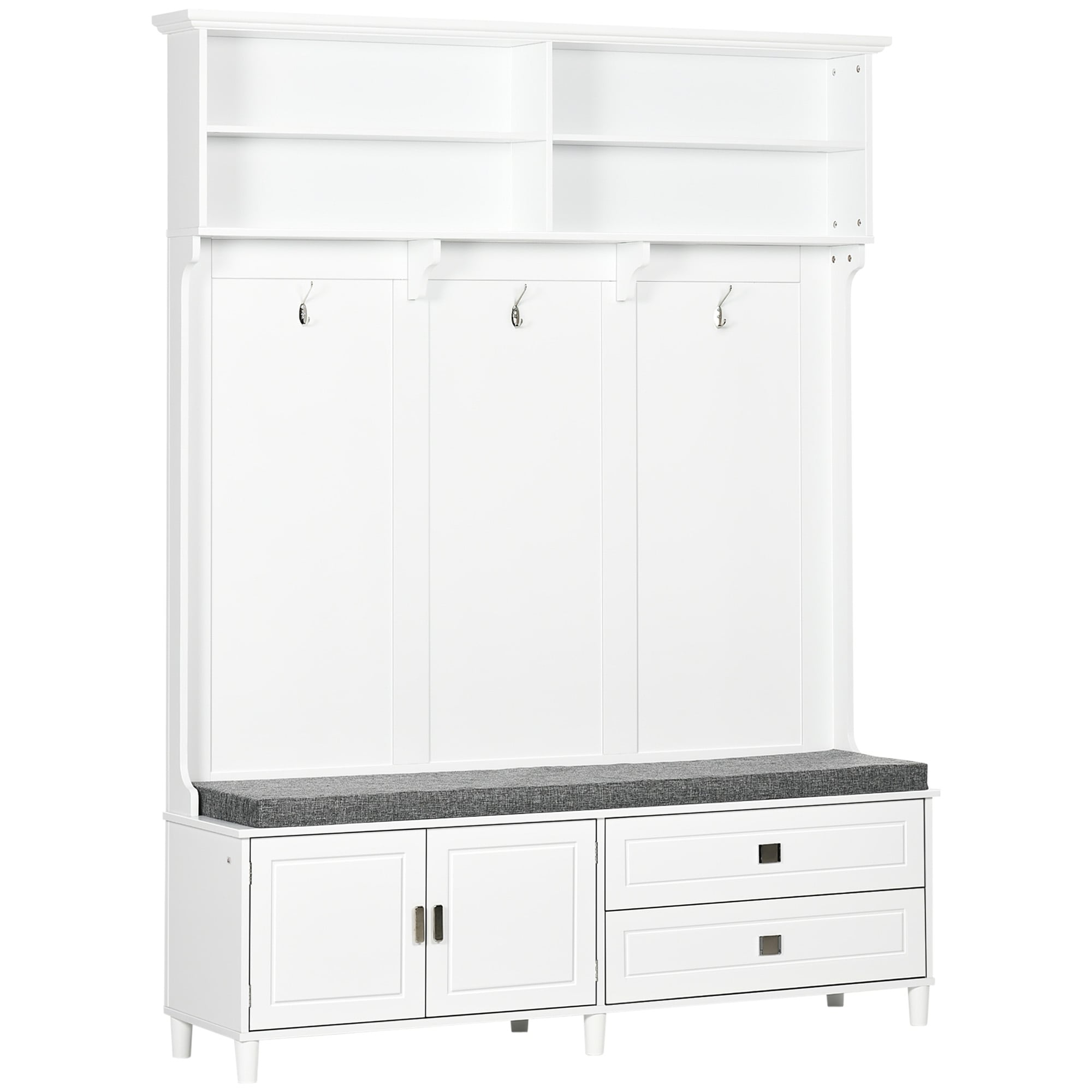 White Hall Tree with Bench and Storage - Coat Rack, Shelves, Cabinet