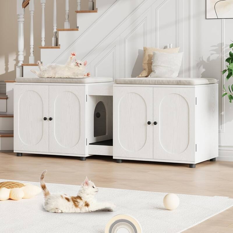 Cat Litter Box Enclosure 55.1" Double Litter Box Furniture Large Cat Box Enclosure Kitty Litter Box for 2 Cats - White