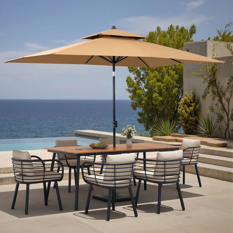 9PC Outdoor Patio Dining Set Aluminum Table with Sunbrella Cushion Chairs w/ Market Umbrella Sets