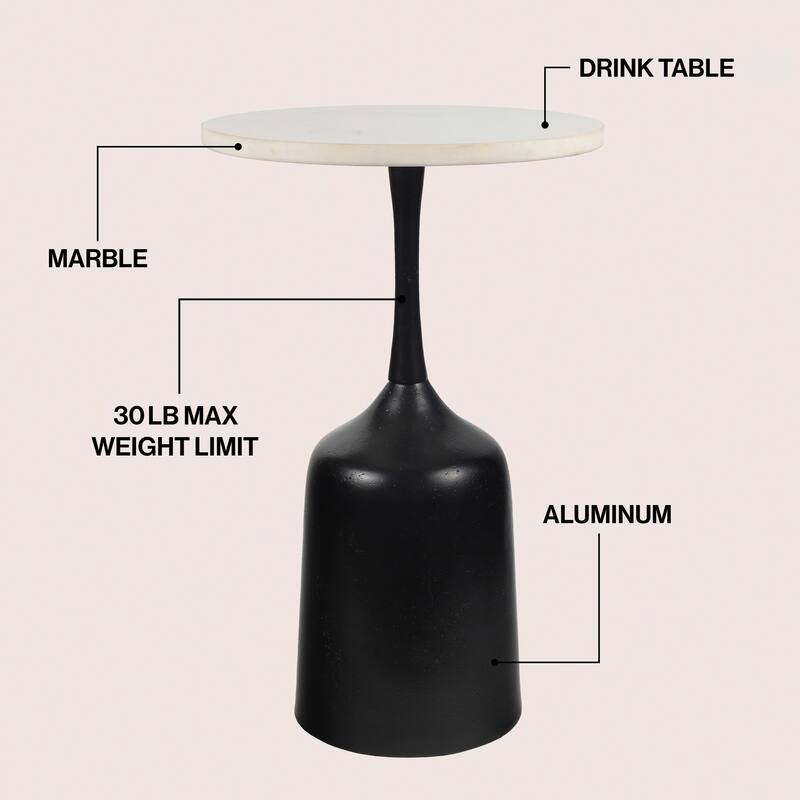 Pip 20.25″ Metal Drink, End Table w/ White Marble Round Top & Bell Pedestal Base, By JONATHAN Y