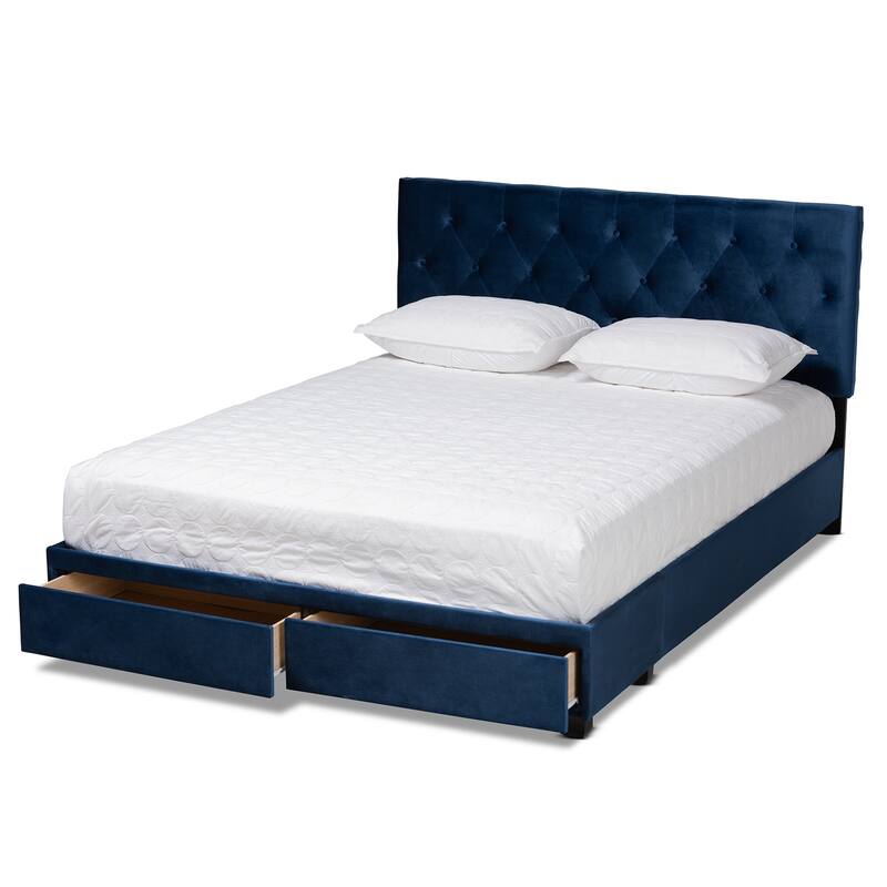 Navy Blue Velvet Queen Bed with Storage Modern Platform Bed Frame, 2 Drawers, Headboard Included