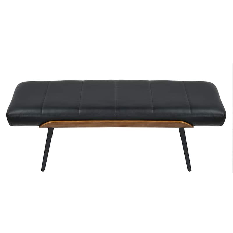 Mid-Century Modern Faux Leather & Metal Bench - Black & Walnut
