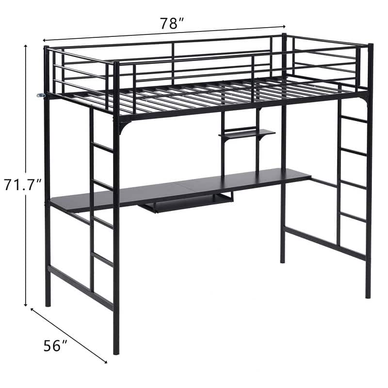 Metal Loft Bed with Desk & Shelves