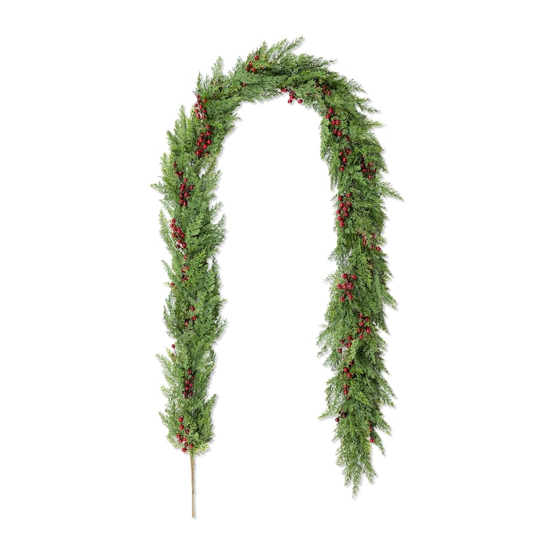 Glizthome 6FT/9FT Christmas Greenery PE Dripping Cedar Garland & 24"D Wreath with Red Berries - 9ft Garland