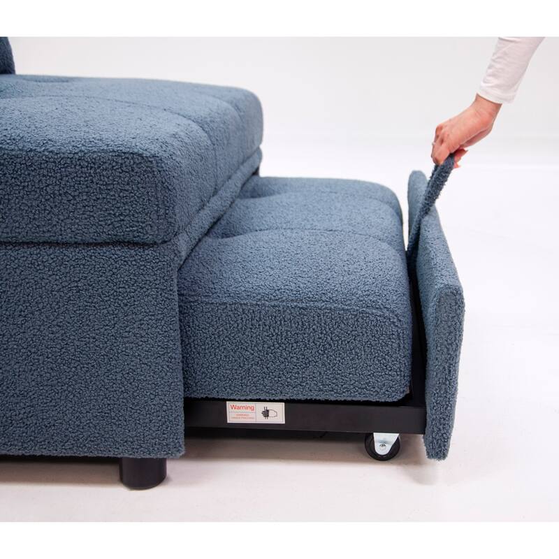 Blue Gray Sherpa Convertible Sofa Chair with Pull - out Bed and Adjustable Backrests