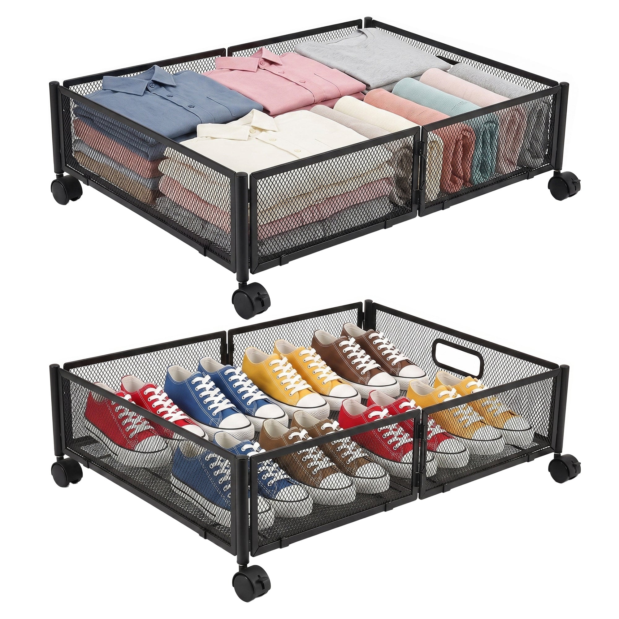 Javlergo Set of 2 Under Bed Storage Containers with Wheels Metal Mesh Rolling Drawers for Clothes Shoes & Toys