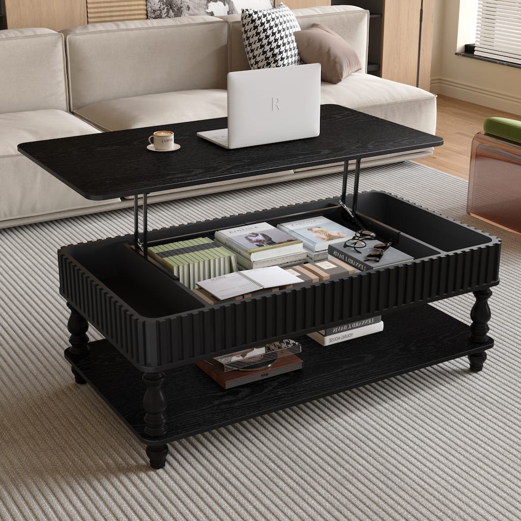 47.24" Lift Top Coffee Table with Storage, Solid Wood Black Finish & Fluted Roman Columns, Modern Lift-Top Desk