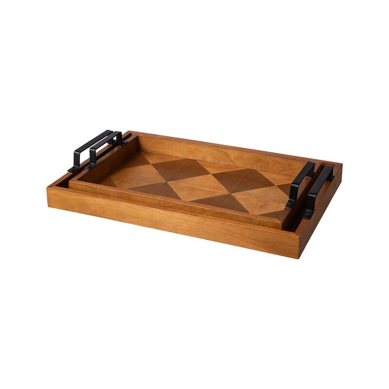 Glitzhome Set of 2 Rectangle Wood Abstract Carved Decorative Trays with Handles
