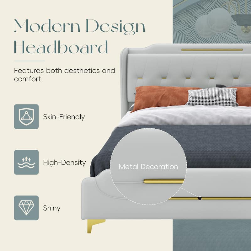 Queen Size PU Leather Platform Bed with Wingback Headboard, Footboard, and Solid Wood Slats