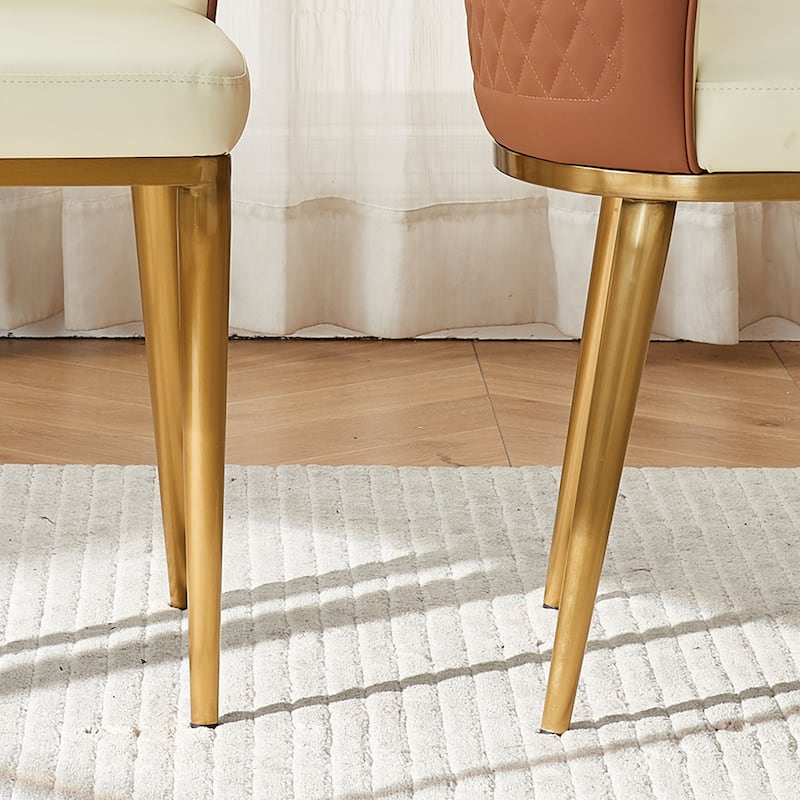Modern Upholstered Dining Chair Set of 2 - Light Yellow Faux Leather Seat with Brown Back & Gold Metal Legs