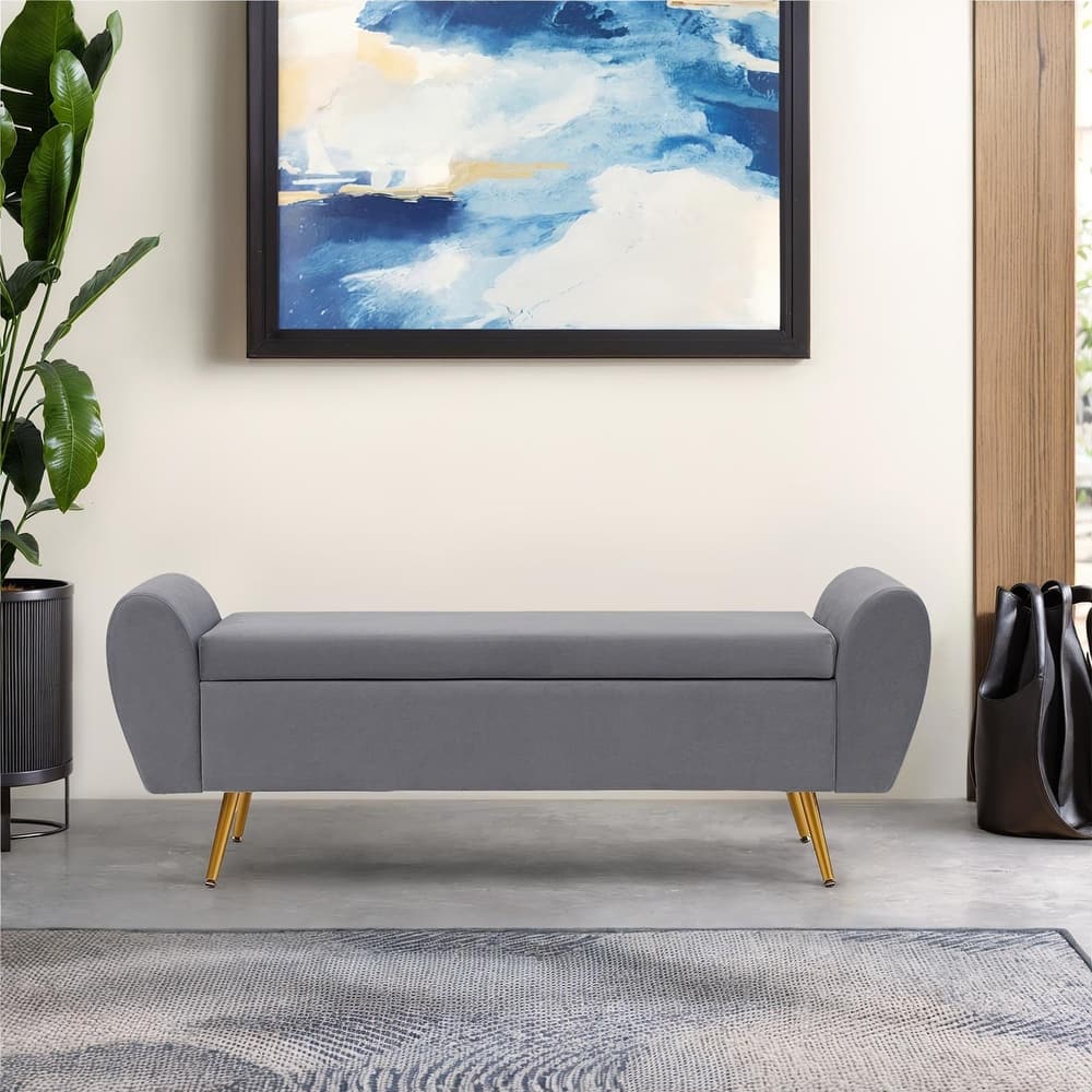 Upholstered 55"W Flip Top Storage Bench Bedroom Bench Modern End of Bed Bench for Entryway Hallway Window with Gold Legs