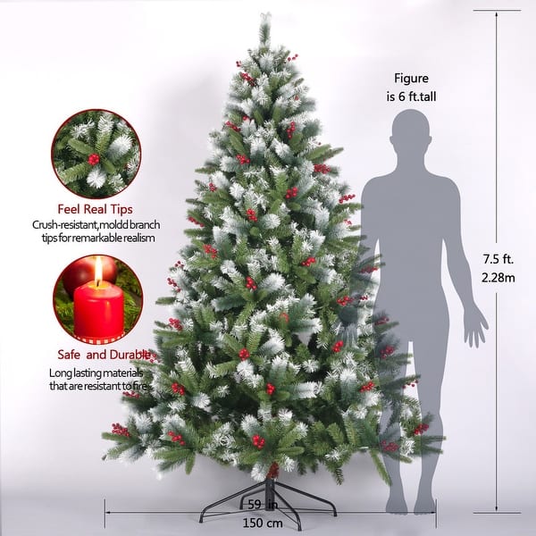 7.5FT Pre-lit Artificial Flocked Xmas Tree with Cones and Berries - Bed ...