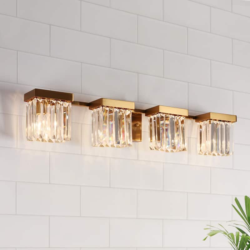 Diore Modern 4-Light Crystal Bathroom Vanity Light Gold Wall Sconces Lamps - Brass Gold - L31.5"*W5.7"*H5.9"