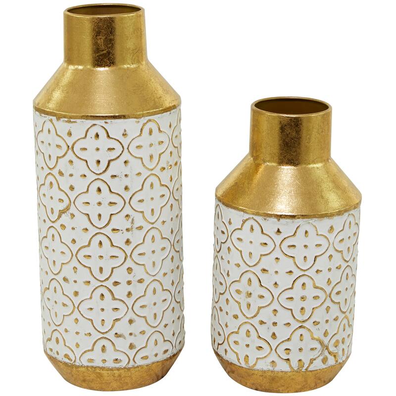 Gold Metal Handmade Embossed Quatrefoil Decorative Vase with Gold Detailing (Set of 2) - 16", 12"H