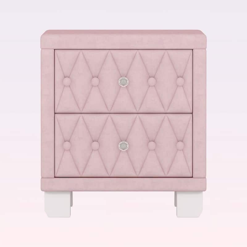 Nightstand with 2 Drawers,Crystal Handles,and Button-Tufted Design,for Bedroom Decor