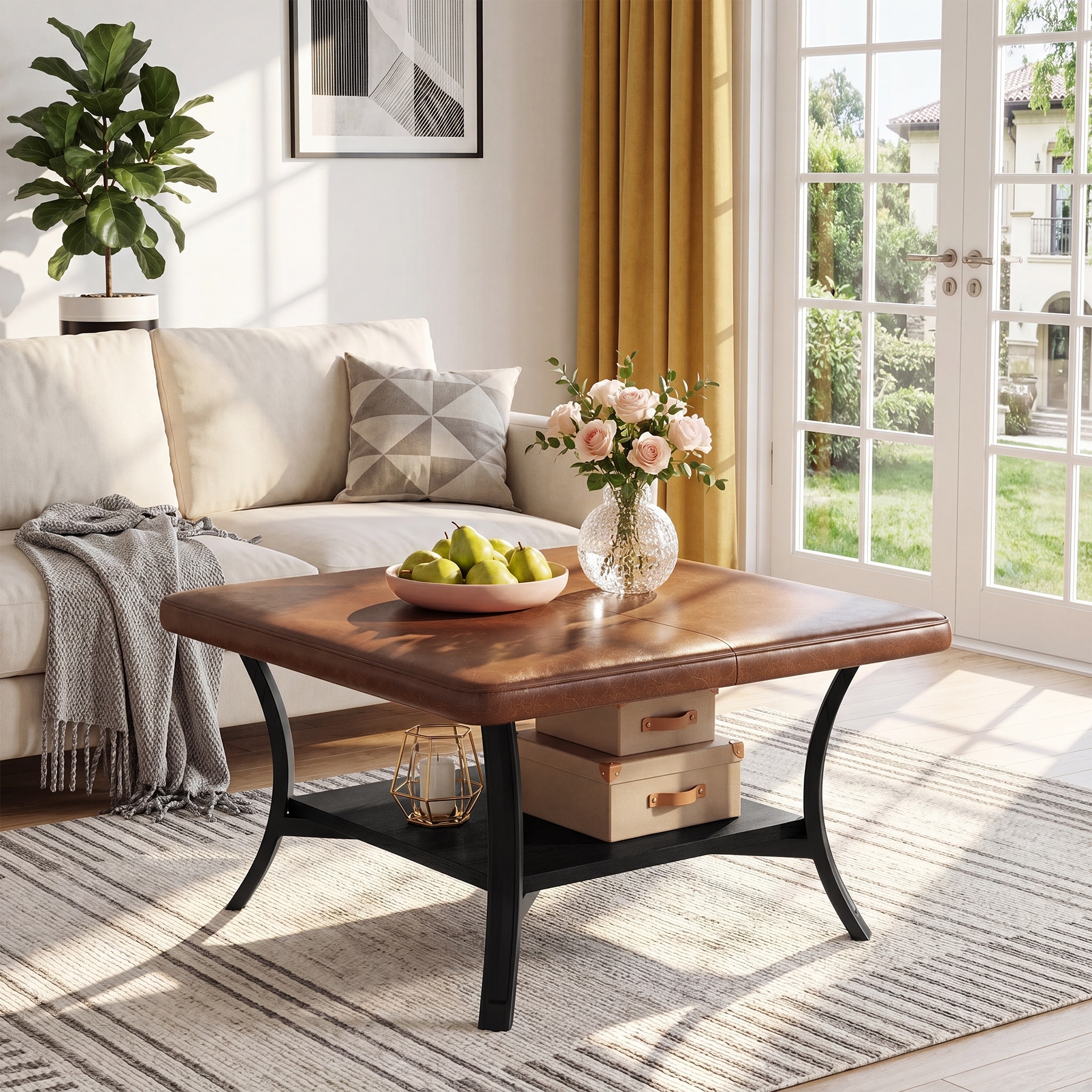 Square Coffee Table, PU Leather Industrial Accent Table, Multi-Functional Living Room Ottoman Tables by 1Easylife