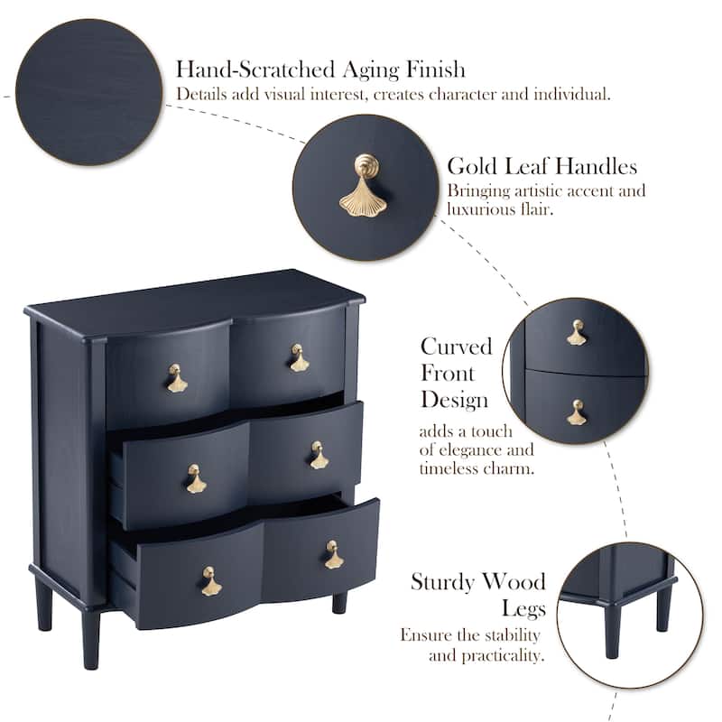 COZAYH Dark Blue 3-Drawer Dresser with Gold Leaf Handles, Vintage Curved Front