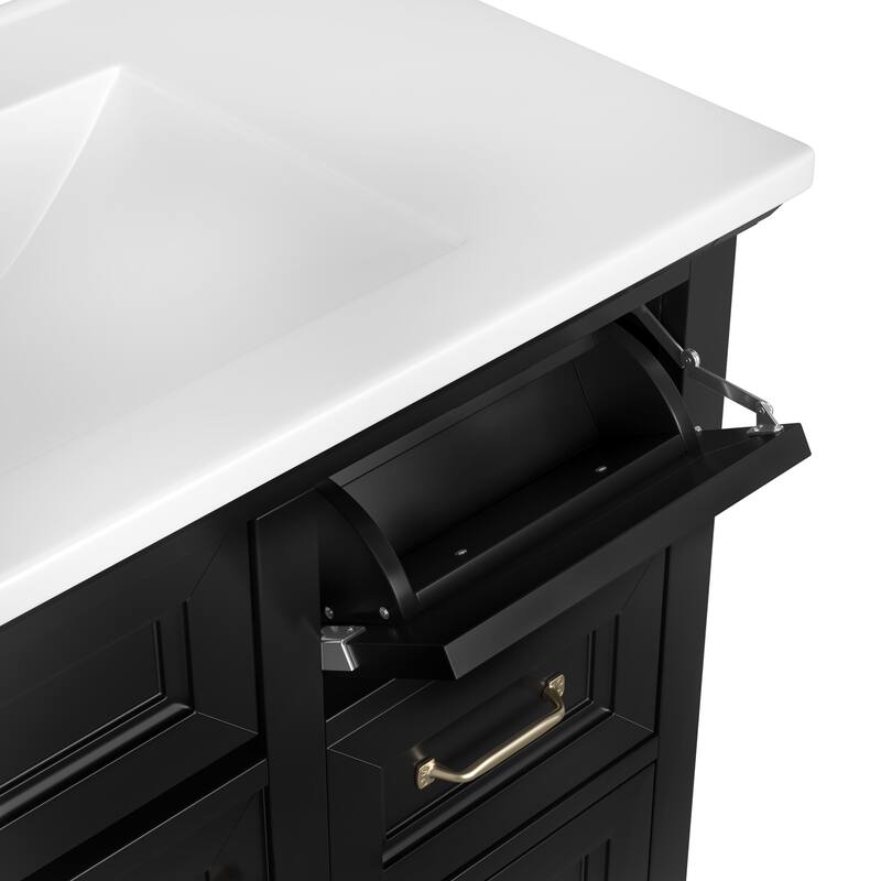 Roomfitters 36" Bathroom Vanity with Integrated Ceramic Sink, 2 Tip-out Drawers, Adjustable Shelving & Soft-Close Hinges, Black