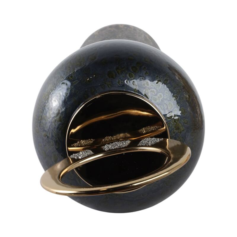 Glass Vase with Modern Sculptural Metal Brass Accent and Stone Detail