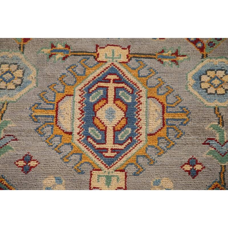 Geometric Kazak Runner Rug Handmade Grey Wool Carpet - 2'8" x 16'3"