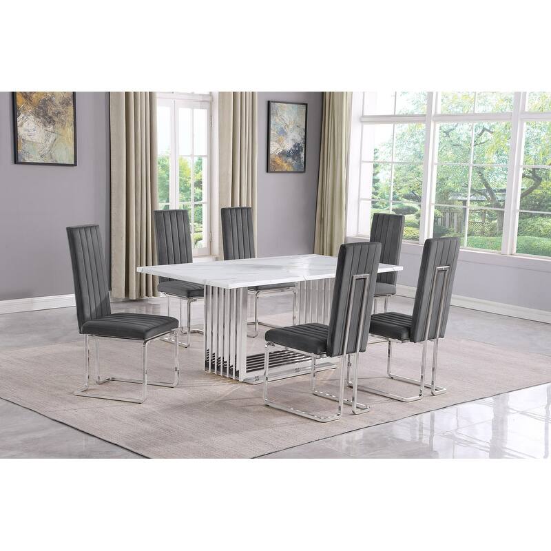 Best Quality Furniture D310/1-SC340-7 Dining Set with 68" White Marble Top - 7-Piece - Dark Grey / Silver