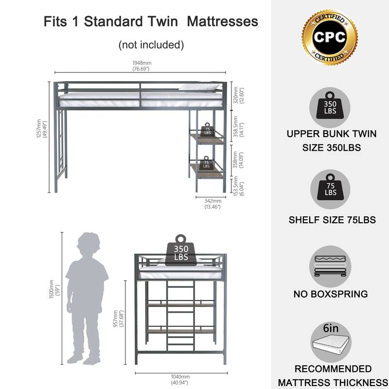 Junior Twin Loft Bed with Cinnamon Wood Shelf, Guardrails, and Ladder, Space-Saving Design for Kids' Bedroom