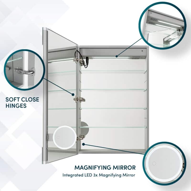 AQUADOM Edge Royale Bathroom Led Lighted Medicine Cabinet Defogger, 3X LED Adjustable Magnifying Mirror, Electrical Outlets.