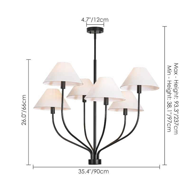 6-Light Modern Gold/Matte Black Sputnik Staggered Large Chandelier with Cone White Fabric Shade