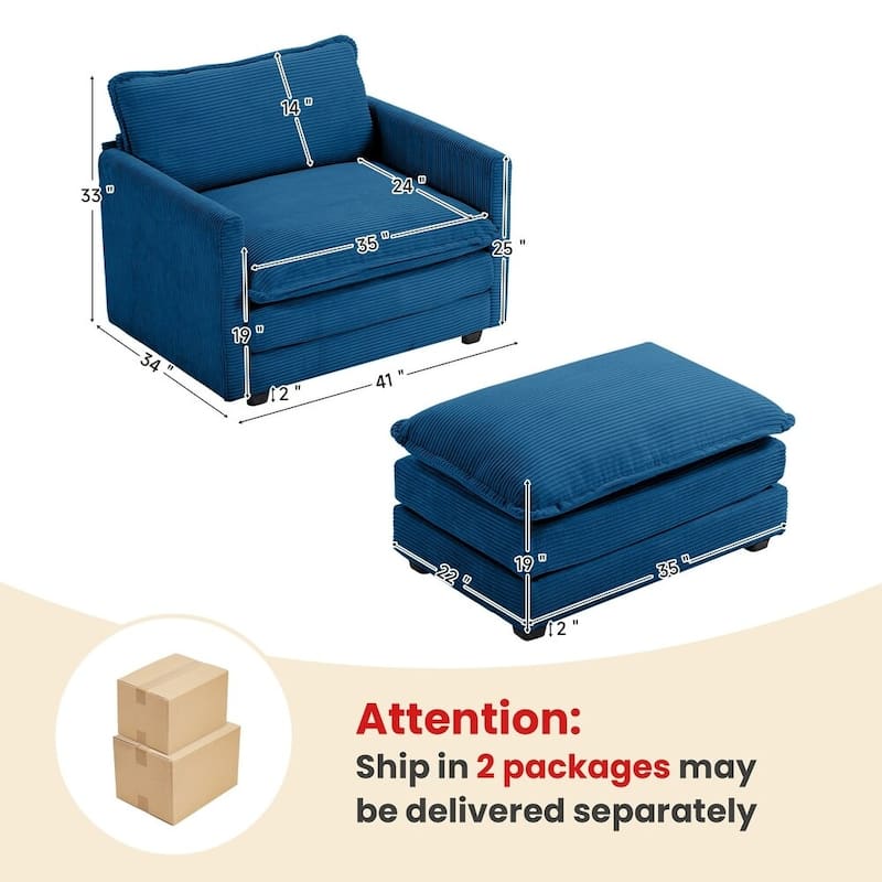 Oversized Corduroy Armchair with Plush Cushions and Movable Ottoman