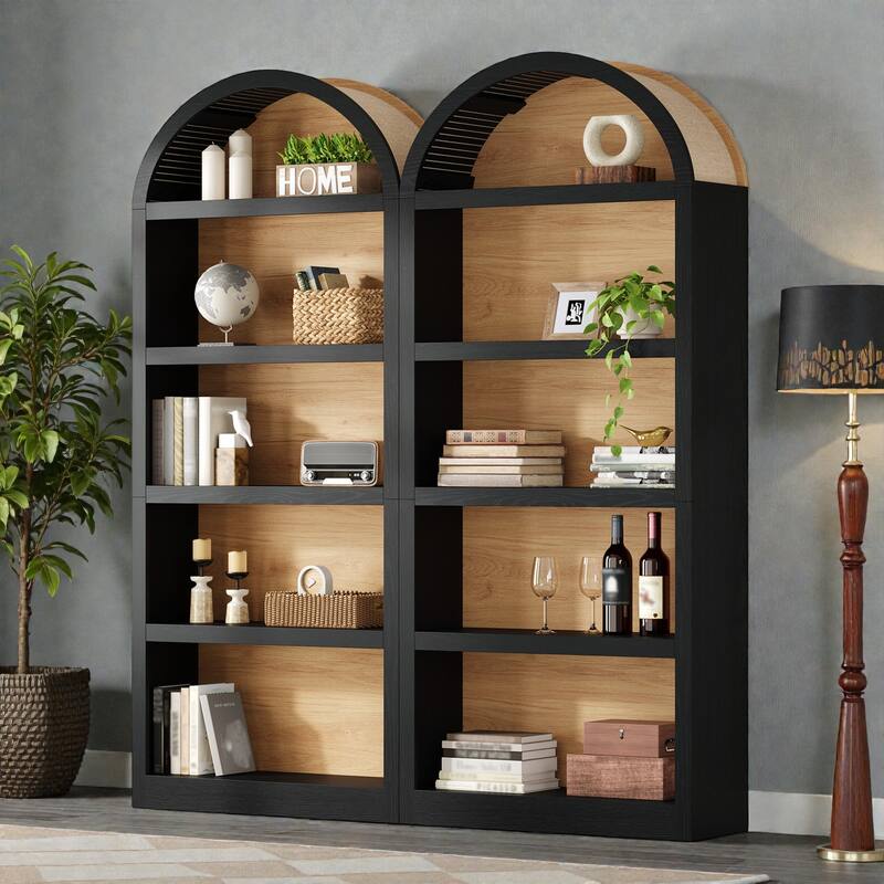 Farmhouse Tall Bookshelves Set of 2, Two Tone Arched Open Bookcase with Fabric Top, 5 Tier Storage Cabinet
