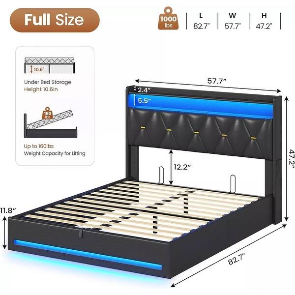 Full Size Lift up Bed Frame with Storage LED Black PU - Bed Bath ...
