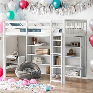 Twin Size Loft Bed With 8 Open Storage Shelves Snd Built-in Ladder for Home