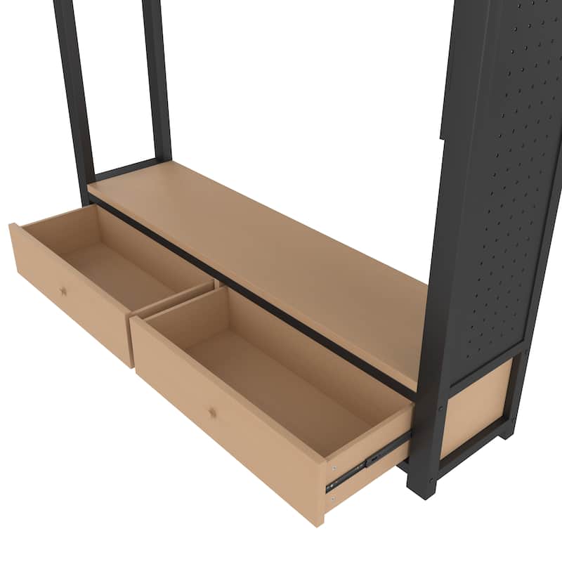 Metal Bed Frame Queen Size Loft Bed with Open Wardrobe, Hanging Rod, Storage Shelves, Pegboard and Bottom Drawers