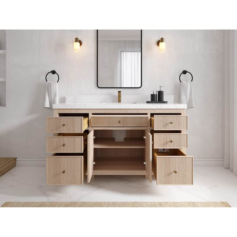 Willow Collections 60 x 22 Sonoma White Oak Wood Single Sink Bathroom Vanity with Quartz or Marble Countertop