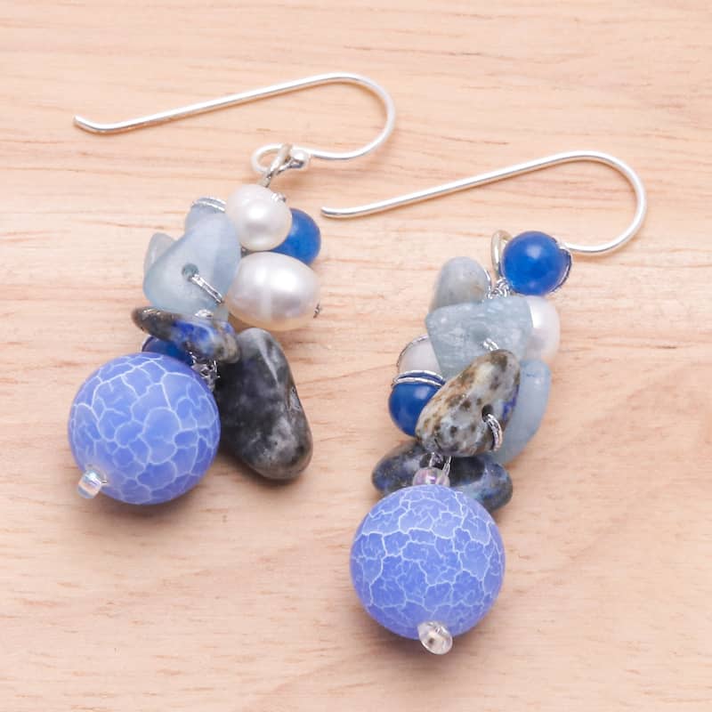 NOVICA Handmade Sterling Silver Blue Multi-gemstone and 4mm Pearl Earrings (Thailand) - 1.8" L x 0.5" W