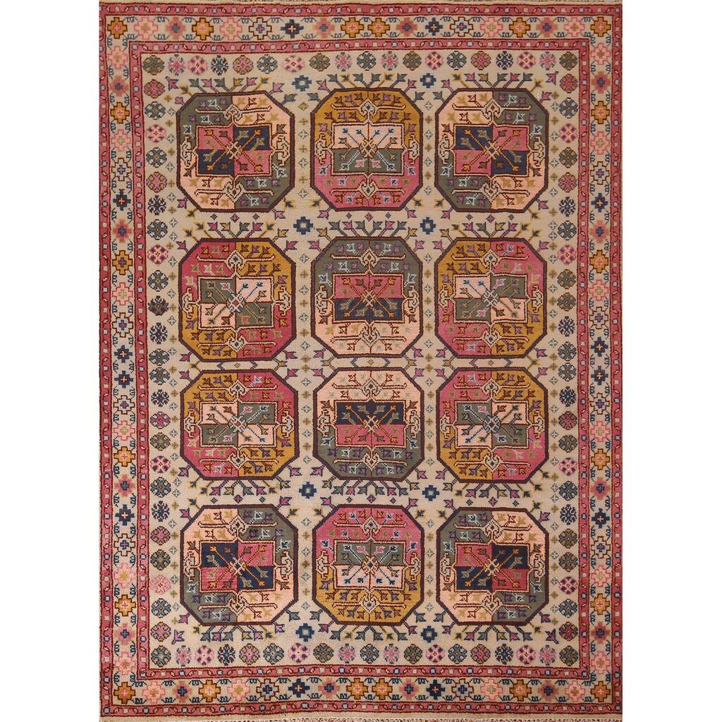 All-Over Geometric Khotan Indian Area Rug Hand-Knotted Wool Carpet - 7'10"x 10'1"