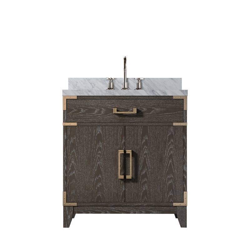 Laurel Bath Vanity Carrara Marble Top, Sink and Faucet - 30 inch - Brown Oak