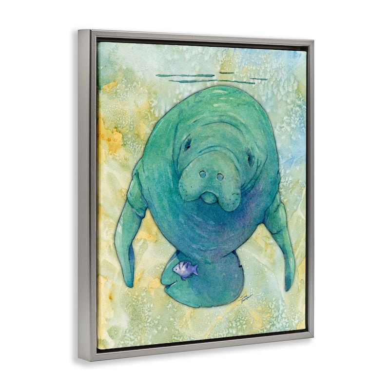 Stupell Green Manatee Underwater Framed Floater Canvas Wall Art Design by Steve Vanderbosch