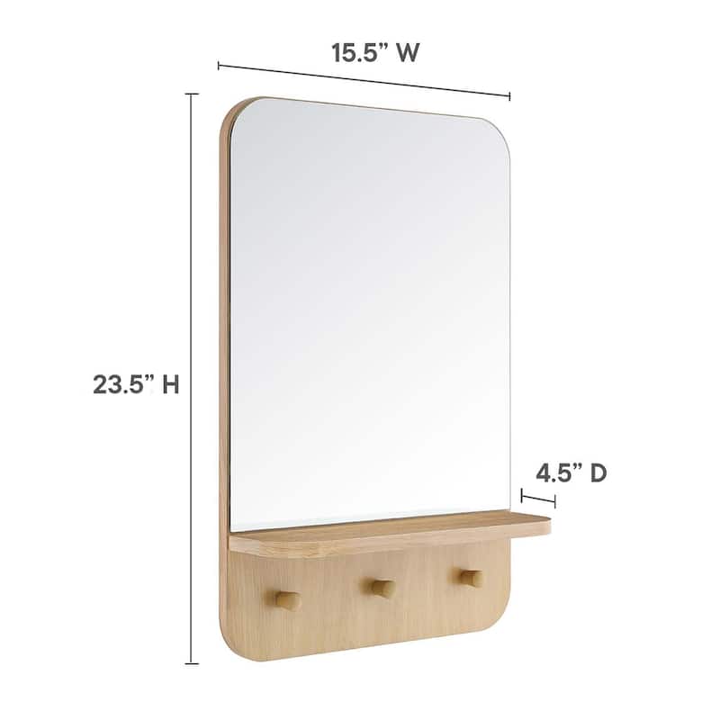 Hollow Modern Oak Wall Mirror with Shelf and Hooks