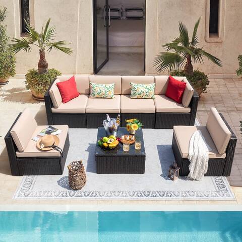 Furmax 7 Pieces Patio Conversation Sets with Cushions and Glass Table