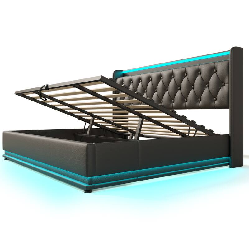 High Technology LED Storage Bed Platform Bed Upholstered Bed Frame with Tufted Design Headboard and USB Charging, Faux Leather