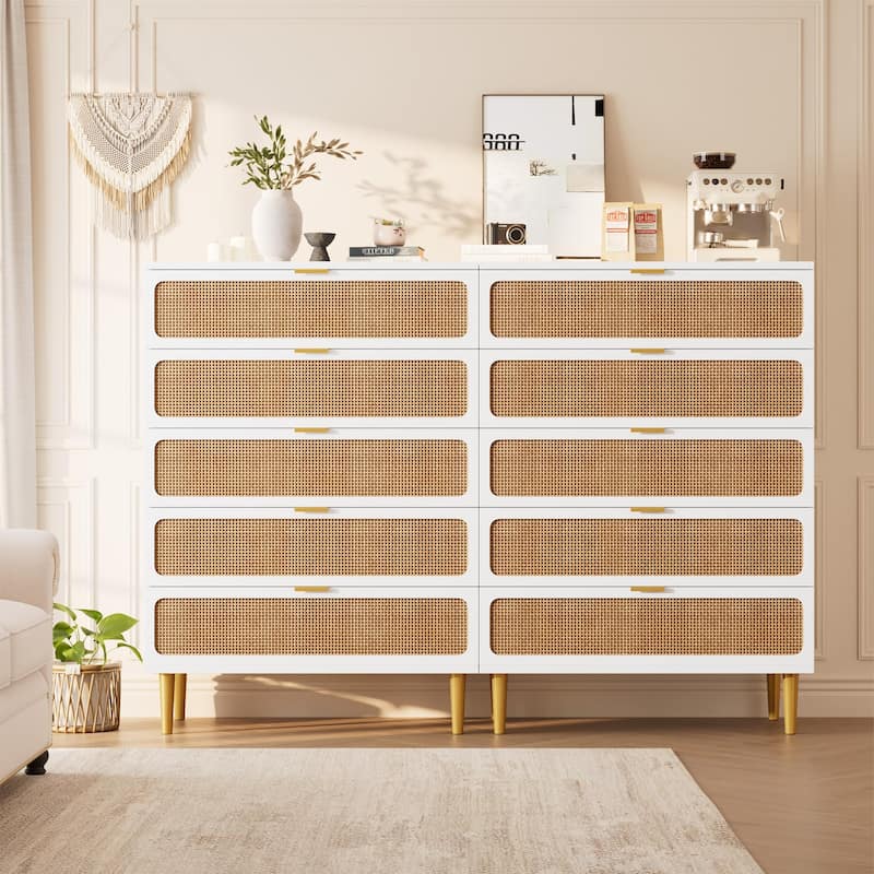 5/6 Drawer Rattan Dresser for Bedroom, Large Freestanding Wooden Chest Storage