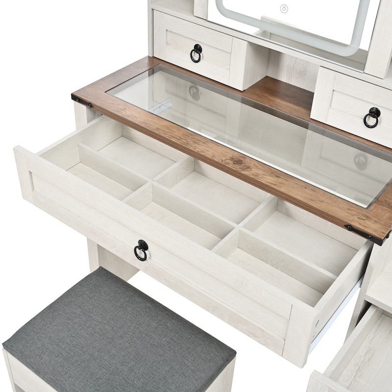 Anmytek Makeup Vanity Desk Set with LED Mirror and Barn Door Farmhouse Dressing Table with Charging Station