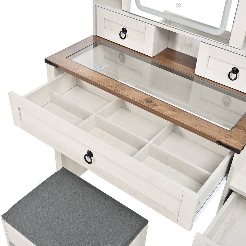 Farmhouse Vanity Desk with Sliding Mirror, Lights & Glass Top, 4 Drawers & 2 Cabinets with Stool