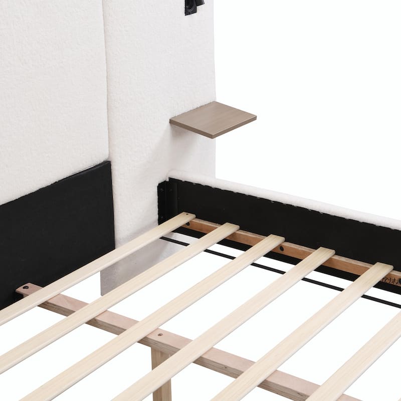 Chic Bouclé Upholstered Bed with Integrated Lighting and Shelves