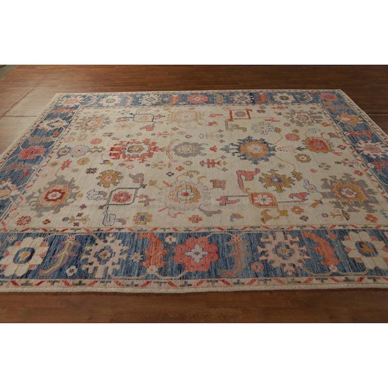 Hand Knotted Oriental 100% Wool Carpet Transitional All-Over Beige & Ivories Oushak Area Rug - 9' 9'' X 8' 1''
