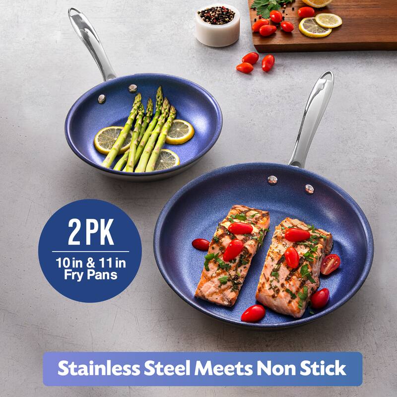 Granitestone Blue Nonstick Stainless Steel 2 Piece Skillet Set 9.5'' and 11'' Fry Pans